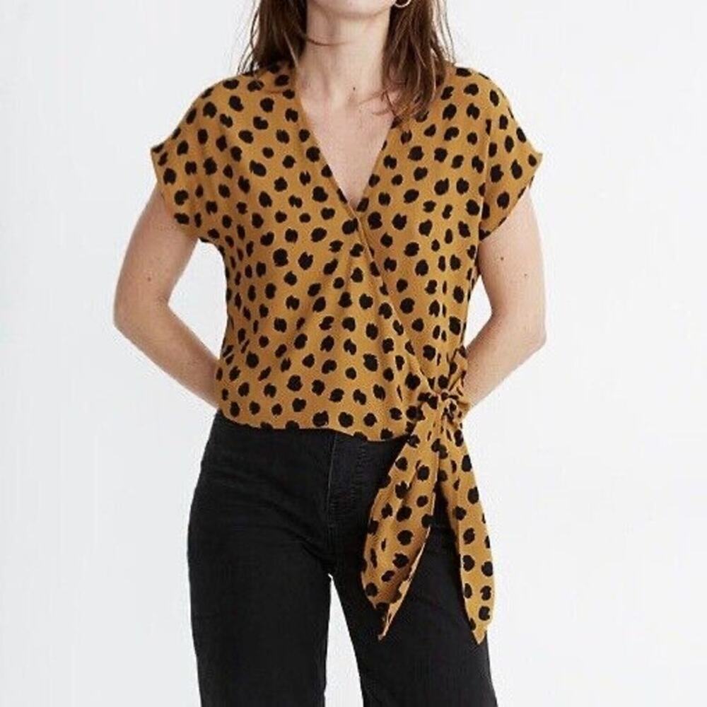 Madewell Leopard Brown & Black Sash Tie Wrap Top in Painted Spots Size XS
